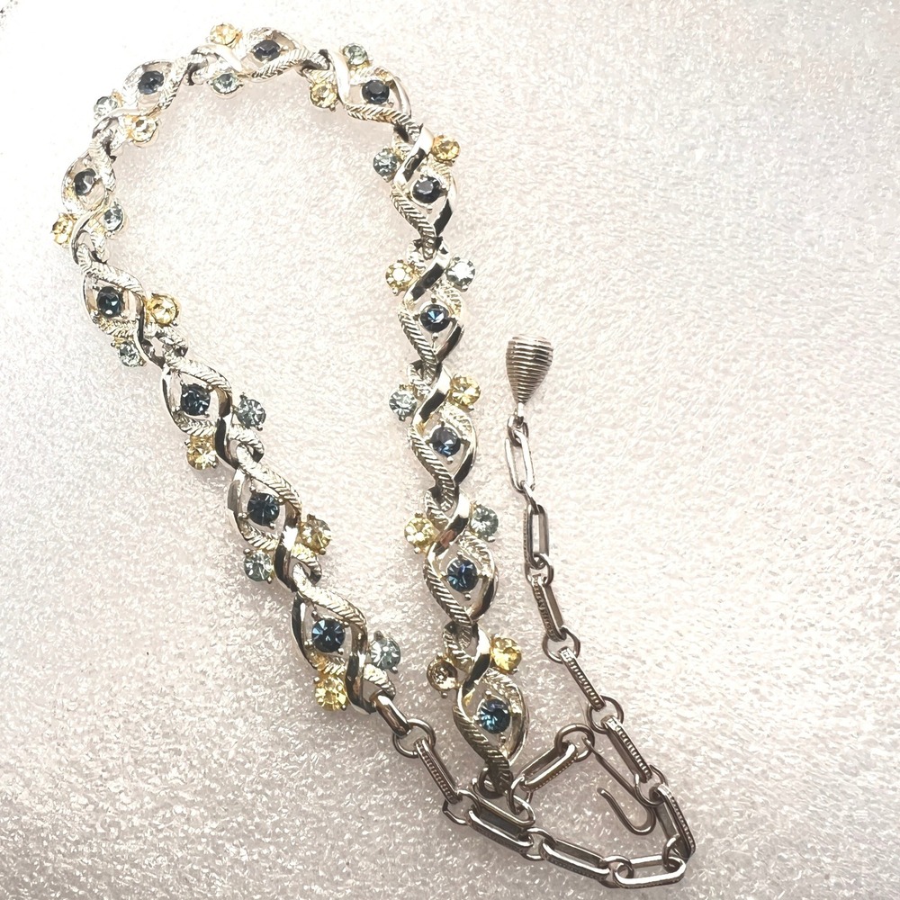 Vtg Coro Eyes Necklace Two-Tone Blues & Yellow Rhinestones Silver Tone‎ READ